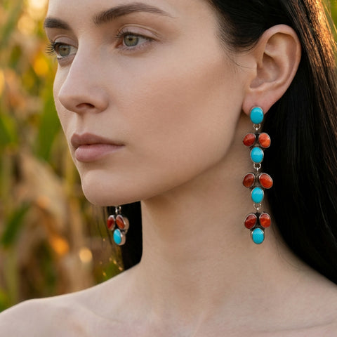Long Navajo Turquoise and Spiny Oyster Drop Earrings