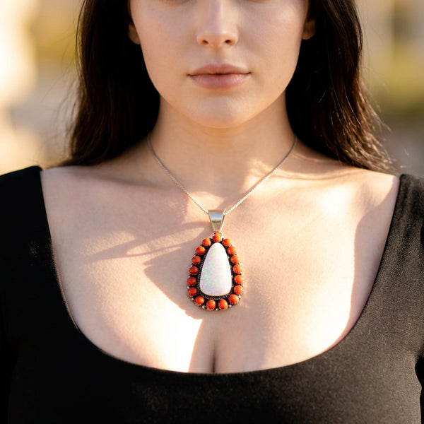Natural Red Coral and Recon Opal Pendant.