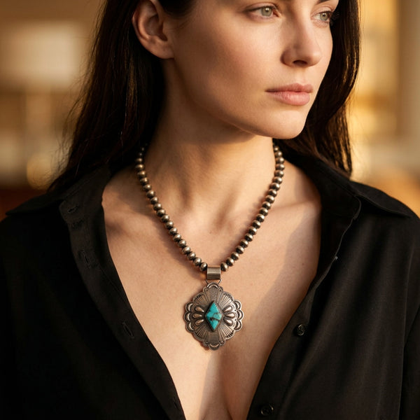Silver Repousse Turquoise Necklace
