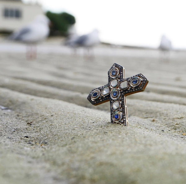 Rough Cut Diamond and Sapphire Cross Pendant