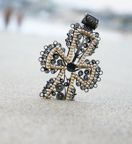 Silver Filigree Seed Pearl Cross