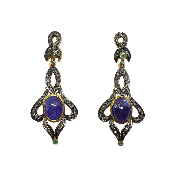 Tanzanite, Black Diamond and Emerald Earrings