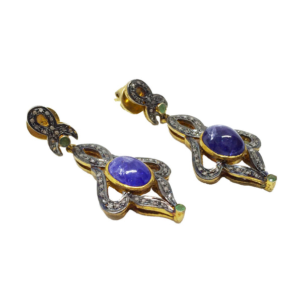 Tanzanite, Black Diamond and Emerald Earrings