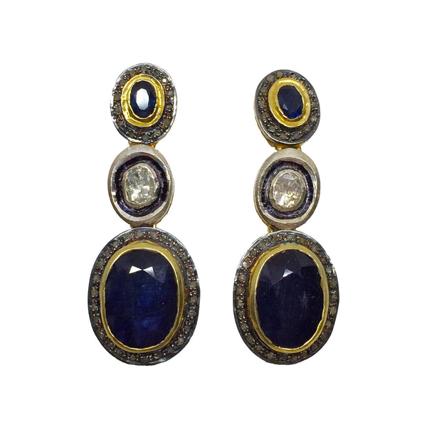 Sapphire and Diamond Silver and Gold Earrings