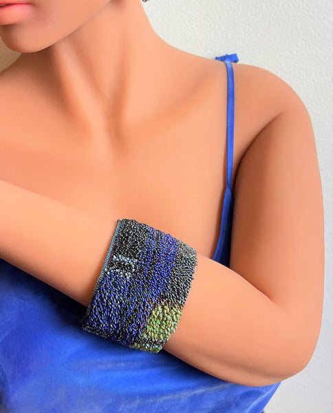 Woven Multi Coloured Beaded Wide Bangle - Milena Zu
