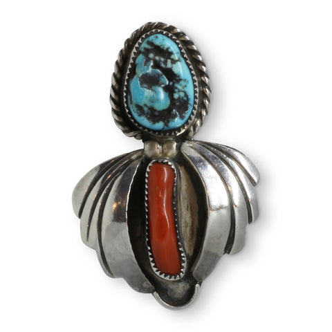 Vintage Navajo Coral and Turquoise Sterling Silver Ring