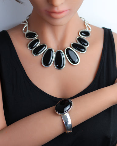 Black Onyx Silver Bangle - Mexico